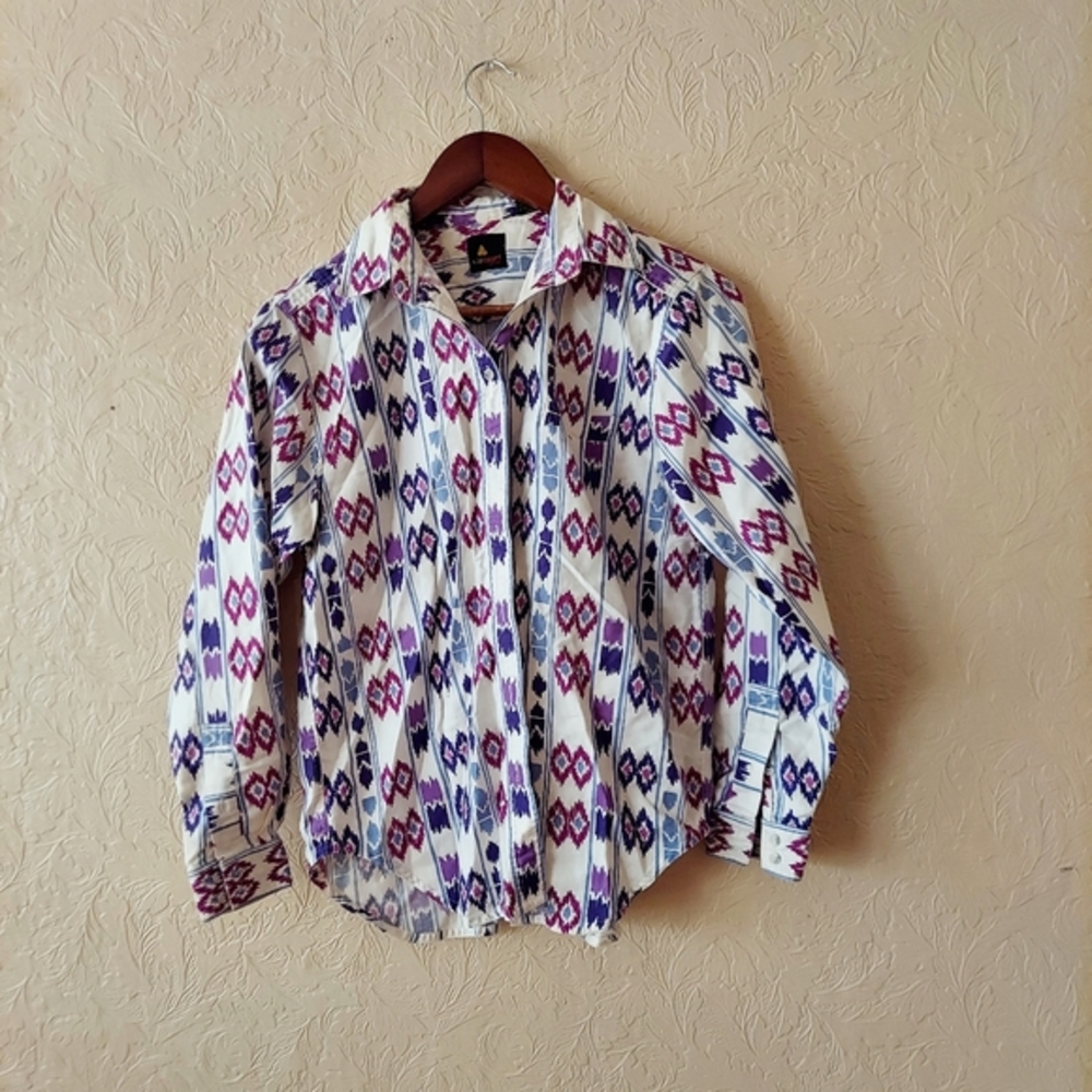 90s Purple Button Up Vintage Lizsport Ikat Print Cotton Shirt Boho Medium Petite
